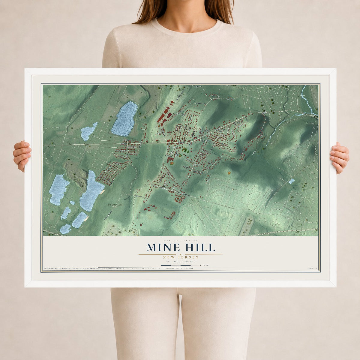 Mine Hill, New Jersey map print, 24" x 36" W/ White Ayous Wood Frame mockup