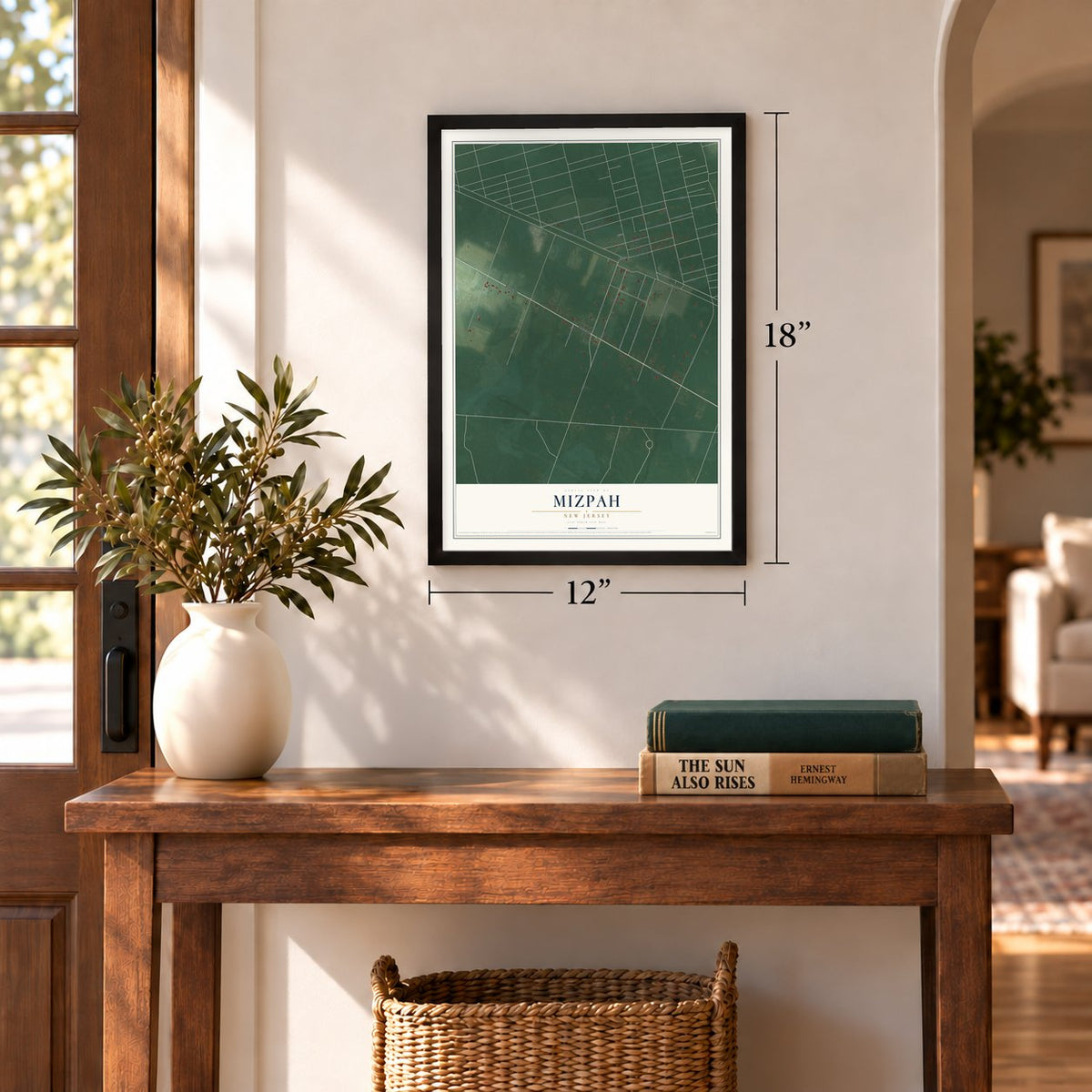 Mizpah, New Jersey map, 12 x 18 inch print in a black frame in an entryway