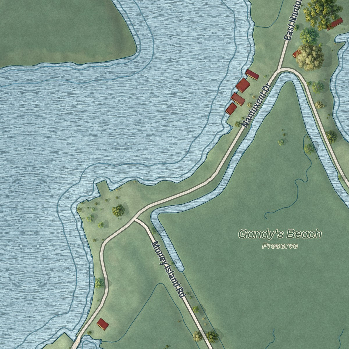Close-up of the map of Money Island, New Jersey print showing street and building detail