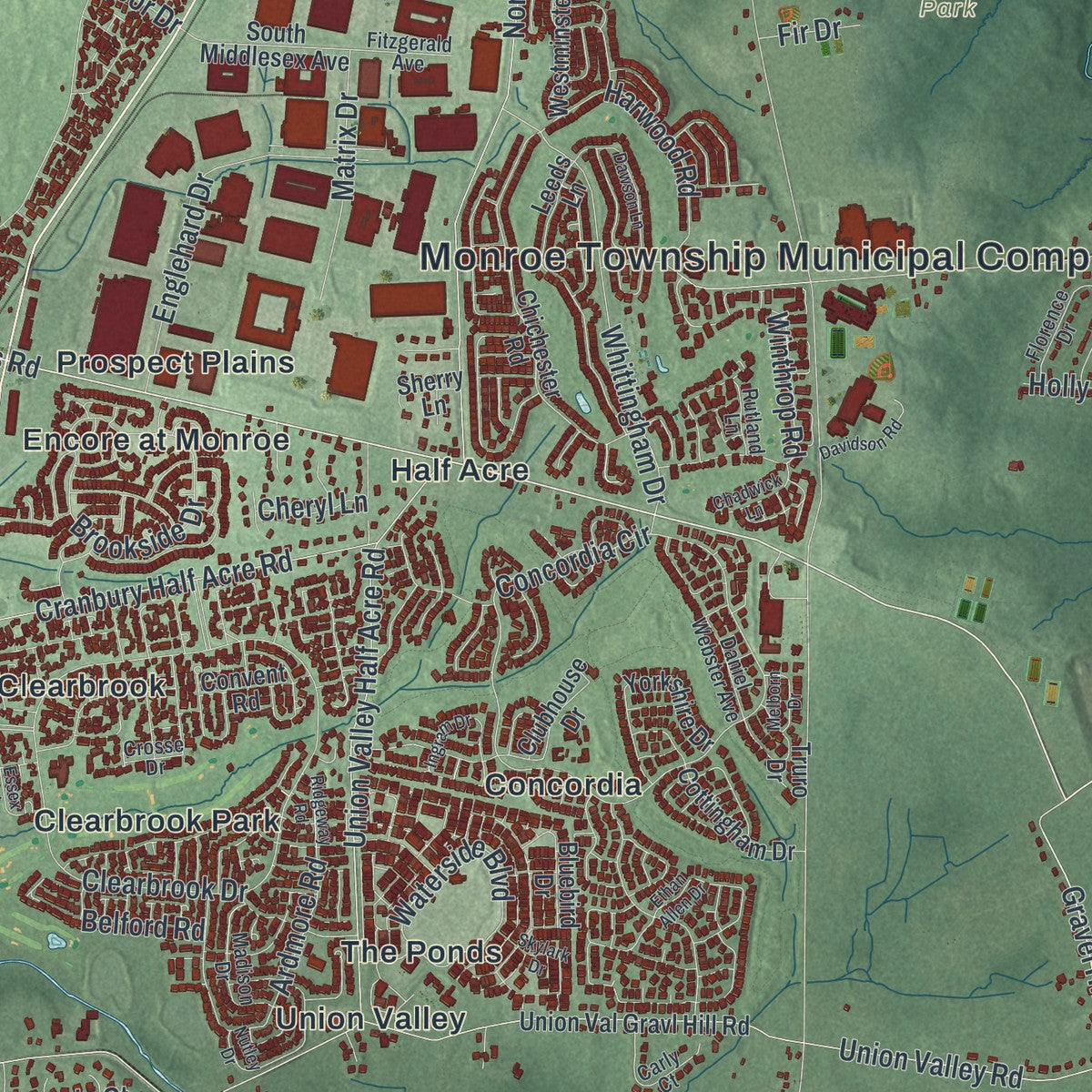 Close-up of the map of Monroe, Middlesex County, New Jersey print showing street and building detail