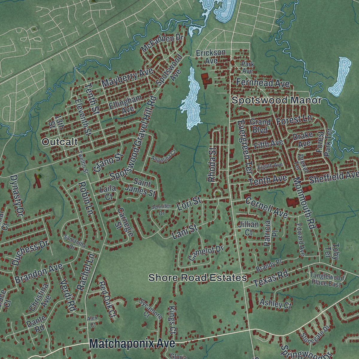 Second close-up of the map of Monroe, Middlesex County, New Jersey print showing more streets and buildings