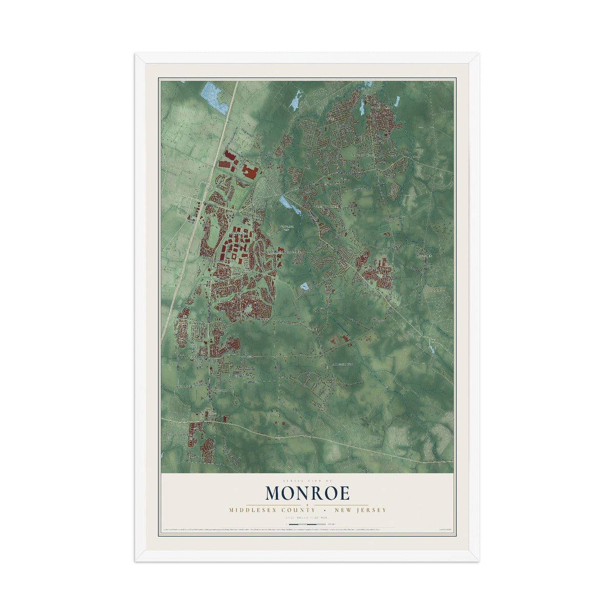 Map of Monroe, Middlesex County, New Jersey, 12 x 18 inch print in a white wood frame