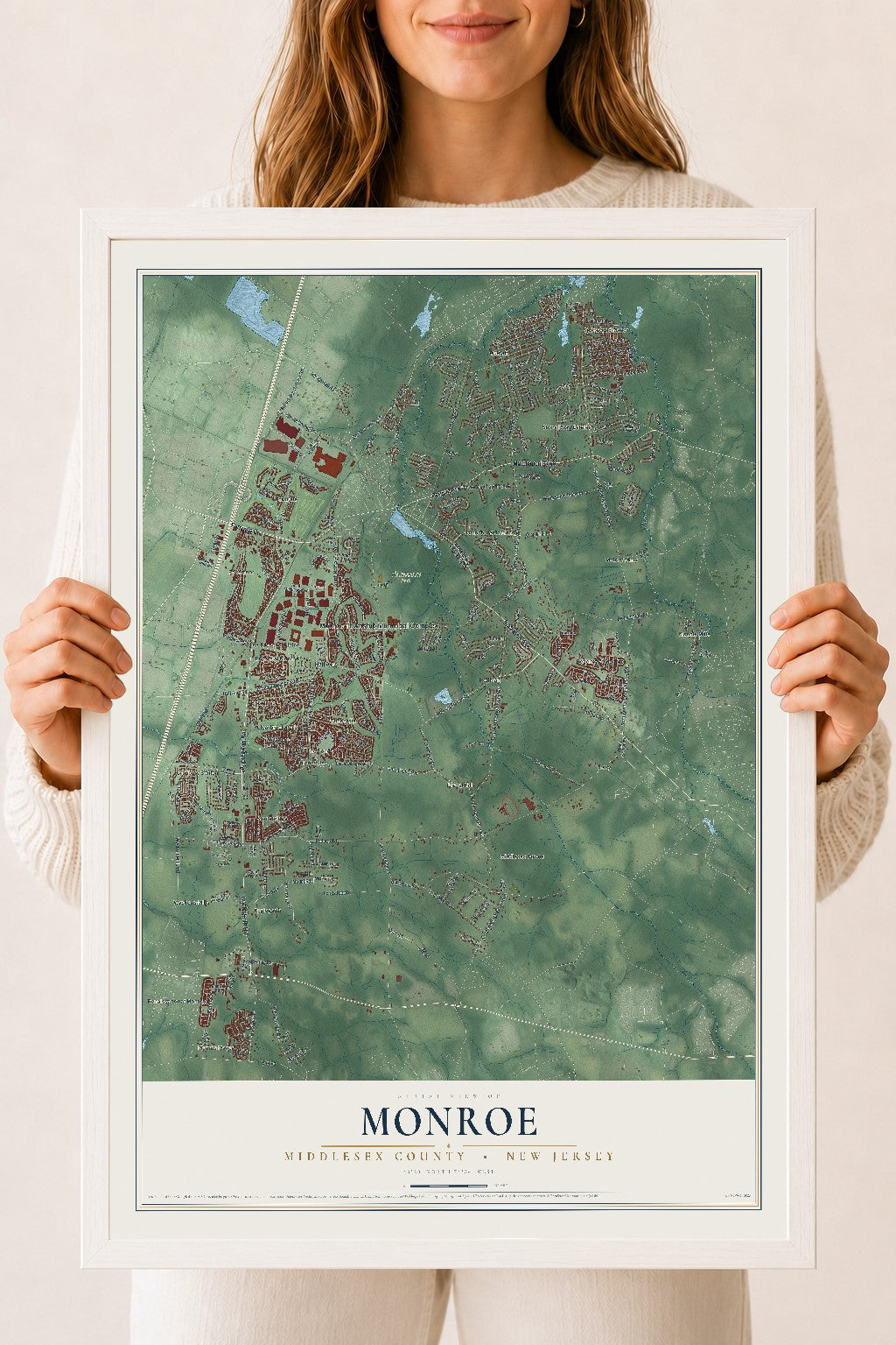 Map of Monroe, Middlesex County, New Jersey, 18 x 24 inch print in a white wood frame
