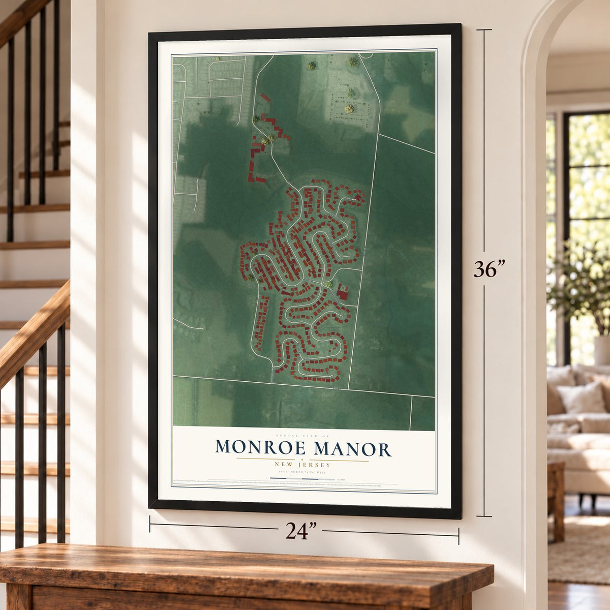 Monroe Manor, New Jersey map, 24 x 36 inch print in a black frame by a staircase