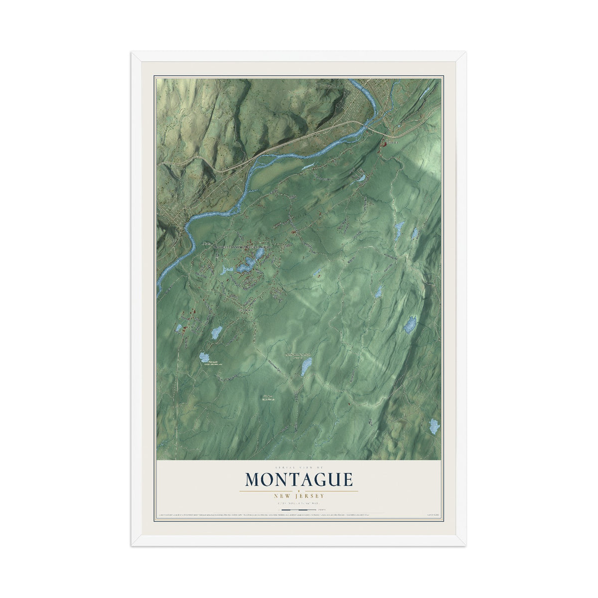 Map of Montague, New Jersey, 12 x 18 inch print in a white wood frame