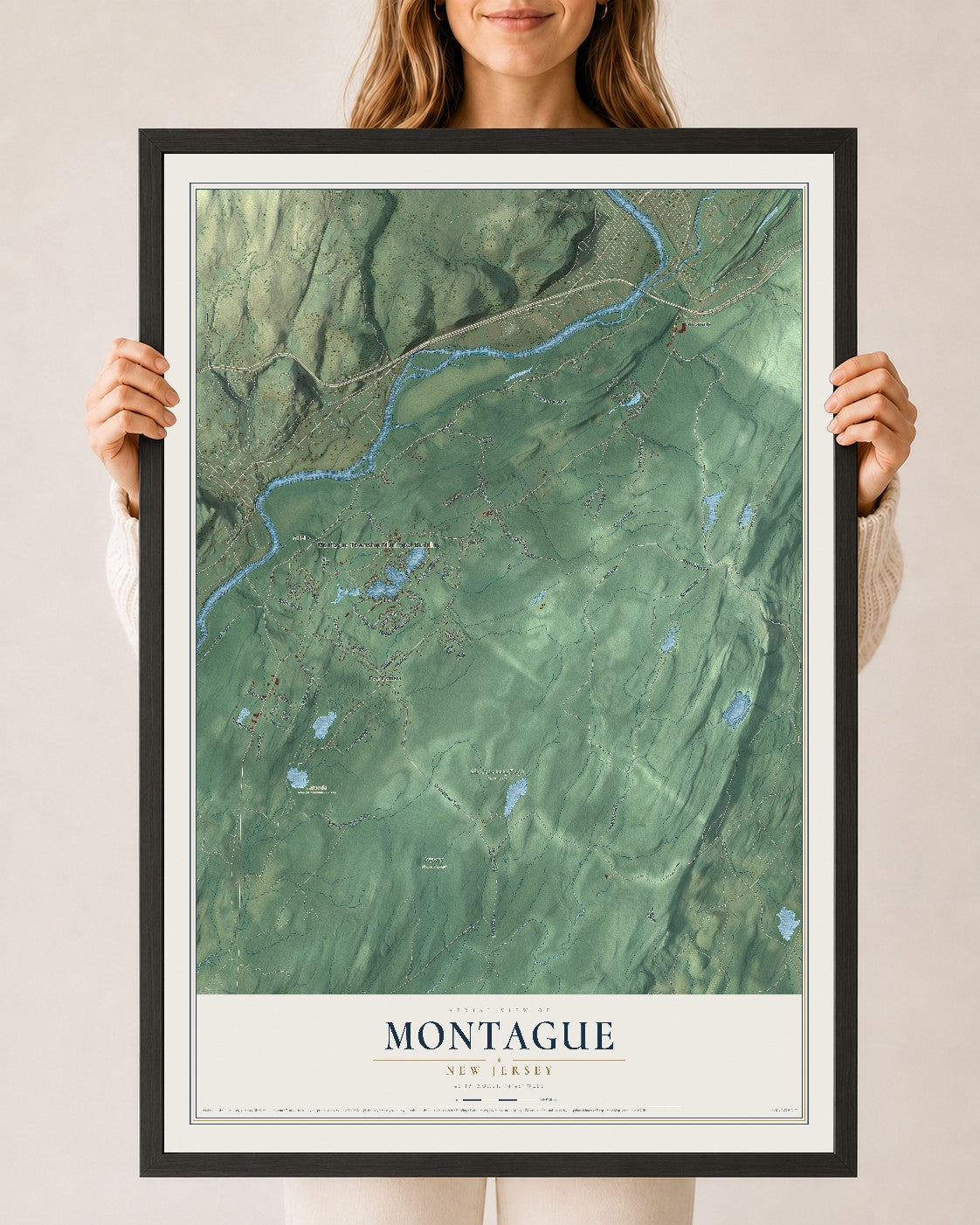 Map of Montague, New Jersey, 24 x 36 inch print in a black wood frame