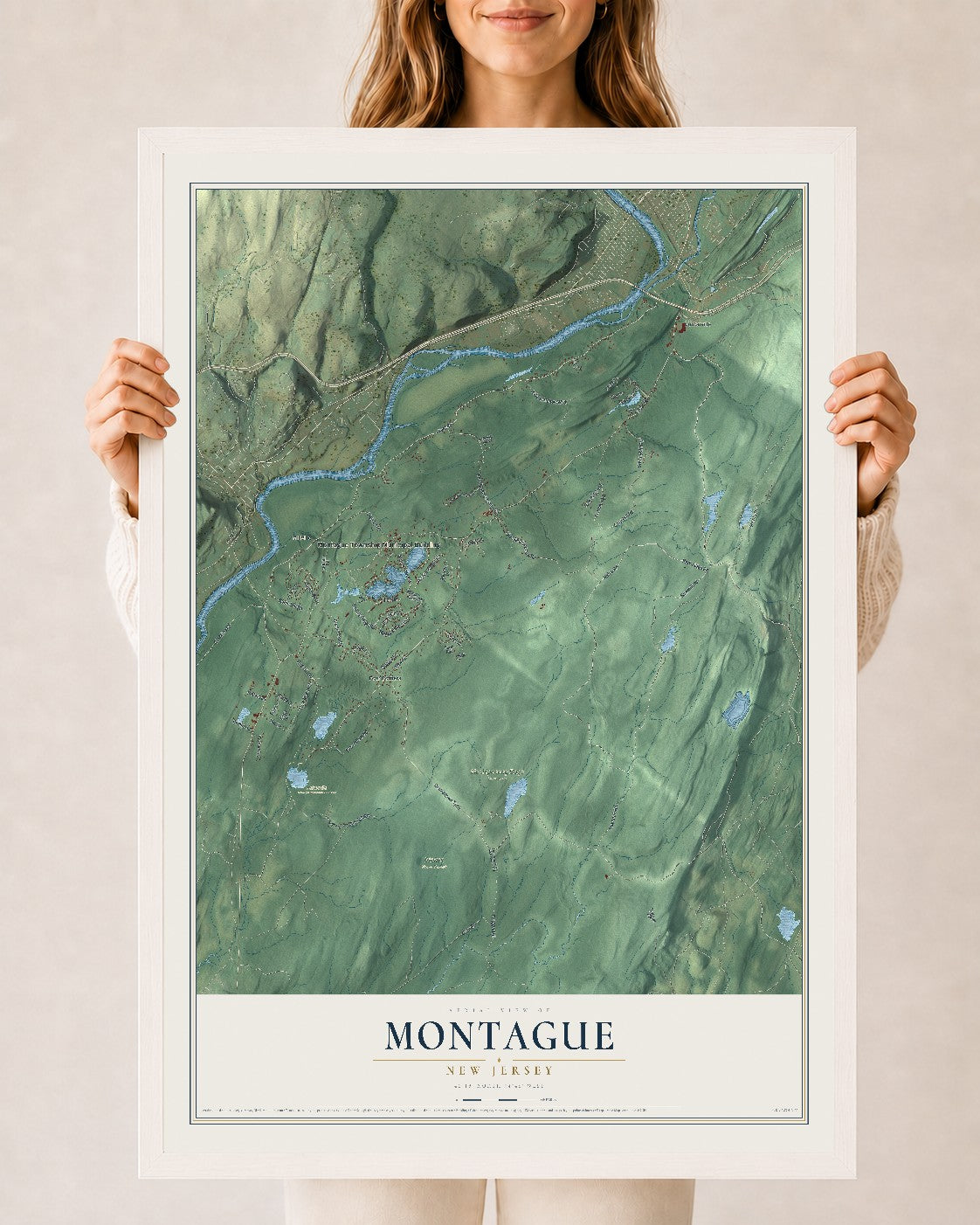 Map of Montague, New Jersey, 24 x 36 inch print in a white wood frame
