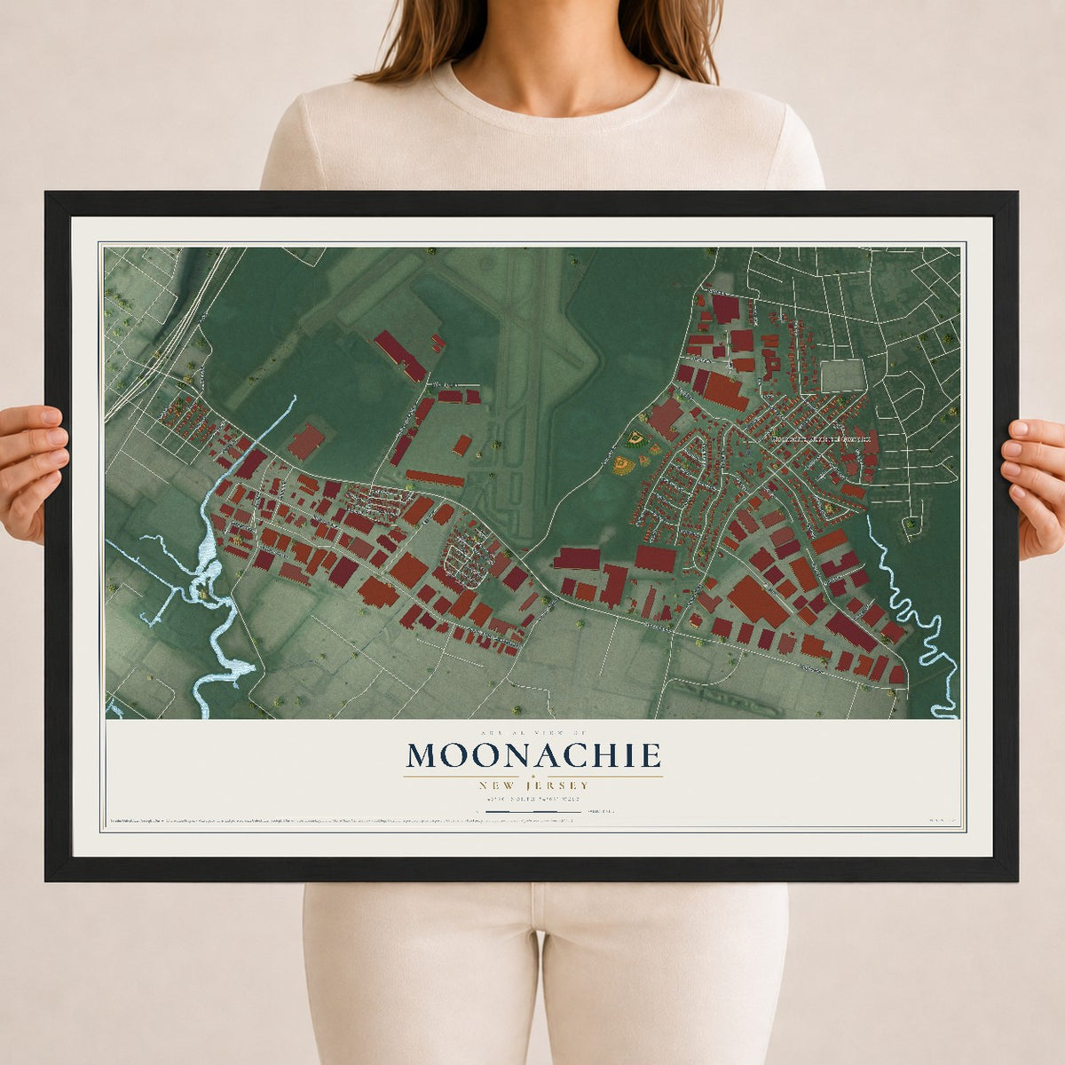 Moonachie, New Jersey map print, 18" x 24" W/ Black Ayous Wood Frame mockup
