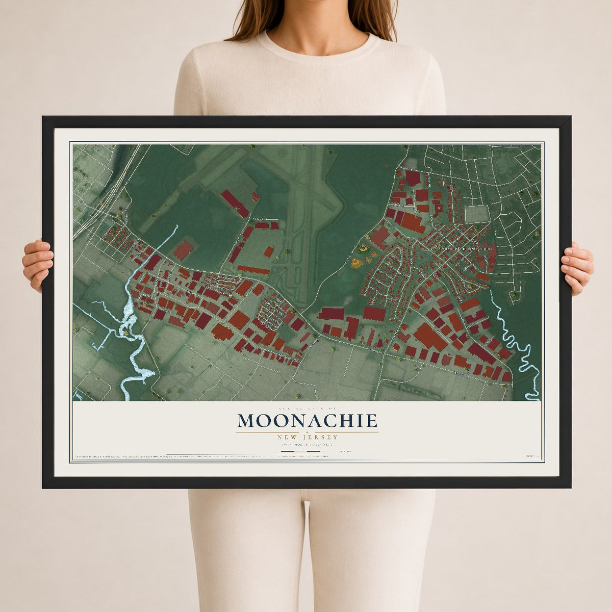 Moonachie, New Jersey map print, 24" x 36" W/ Black Ayous Wood Frame mockup
