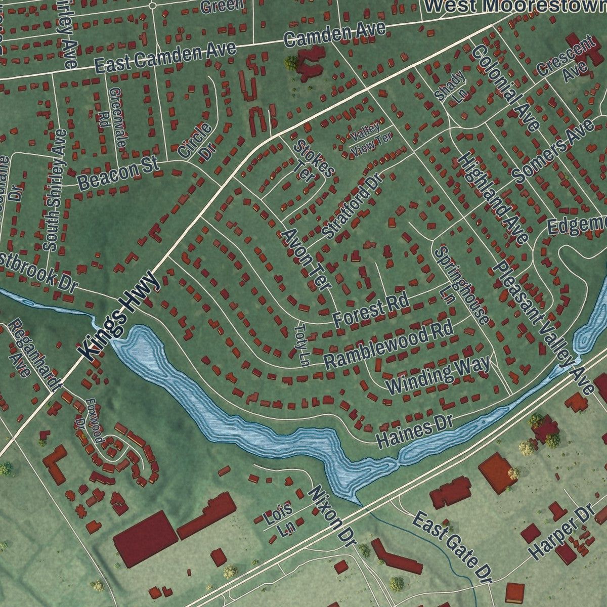 Close-up 1 of the Moorestown-Lenola, New Jersey map artwork