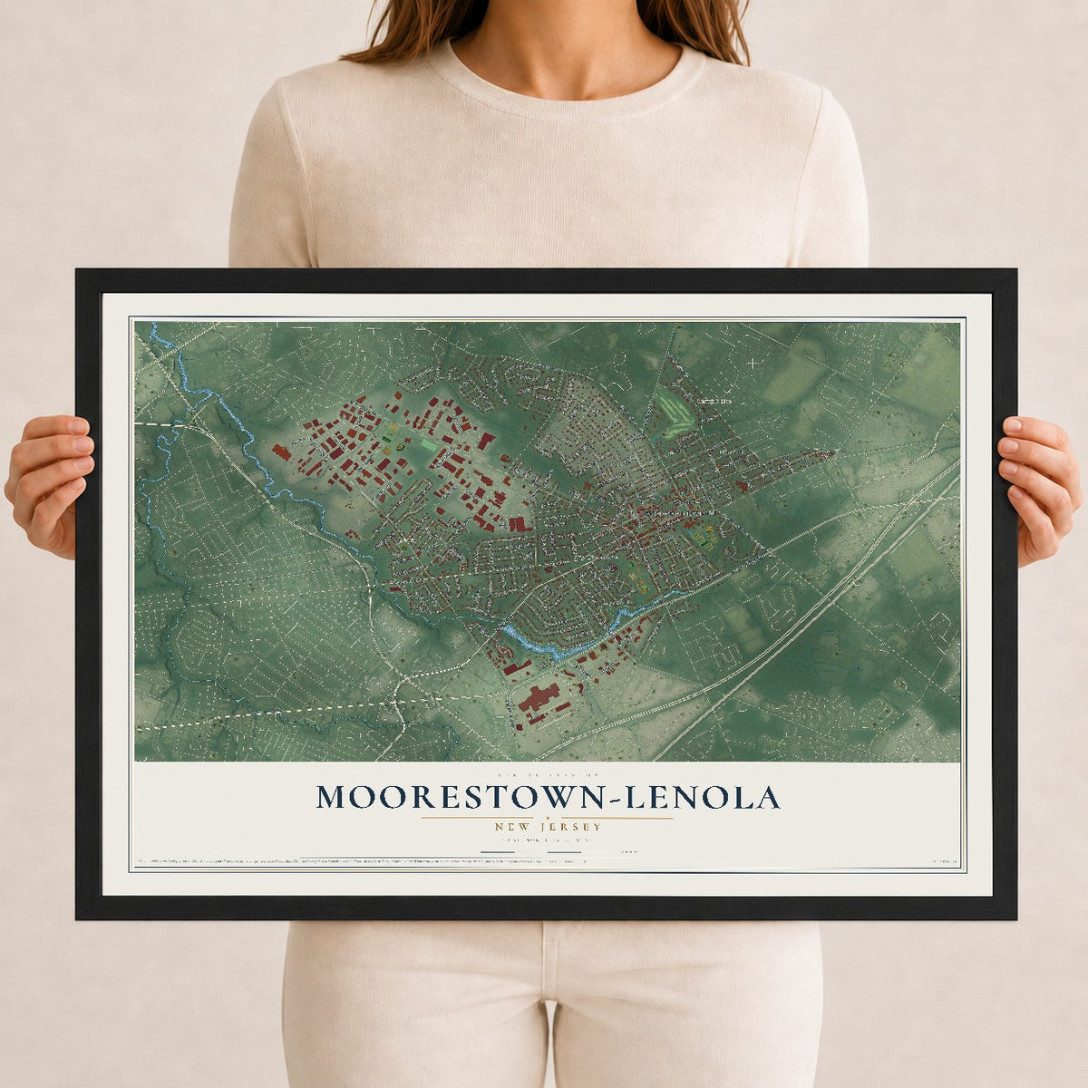 Moorestown-Lenola, New Jersey map print, 12" x 18" W/ Black Ayous Wood Frame mockup