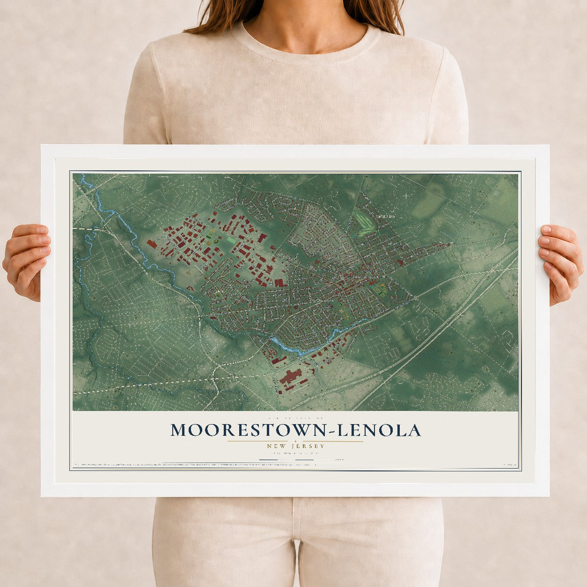 Moorestown-Lenola, New Jersey map print, 12" x 18" W/ White Ayous Wood Frame mockup