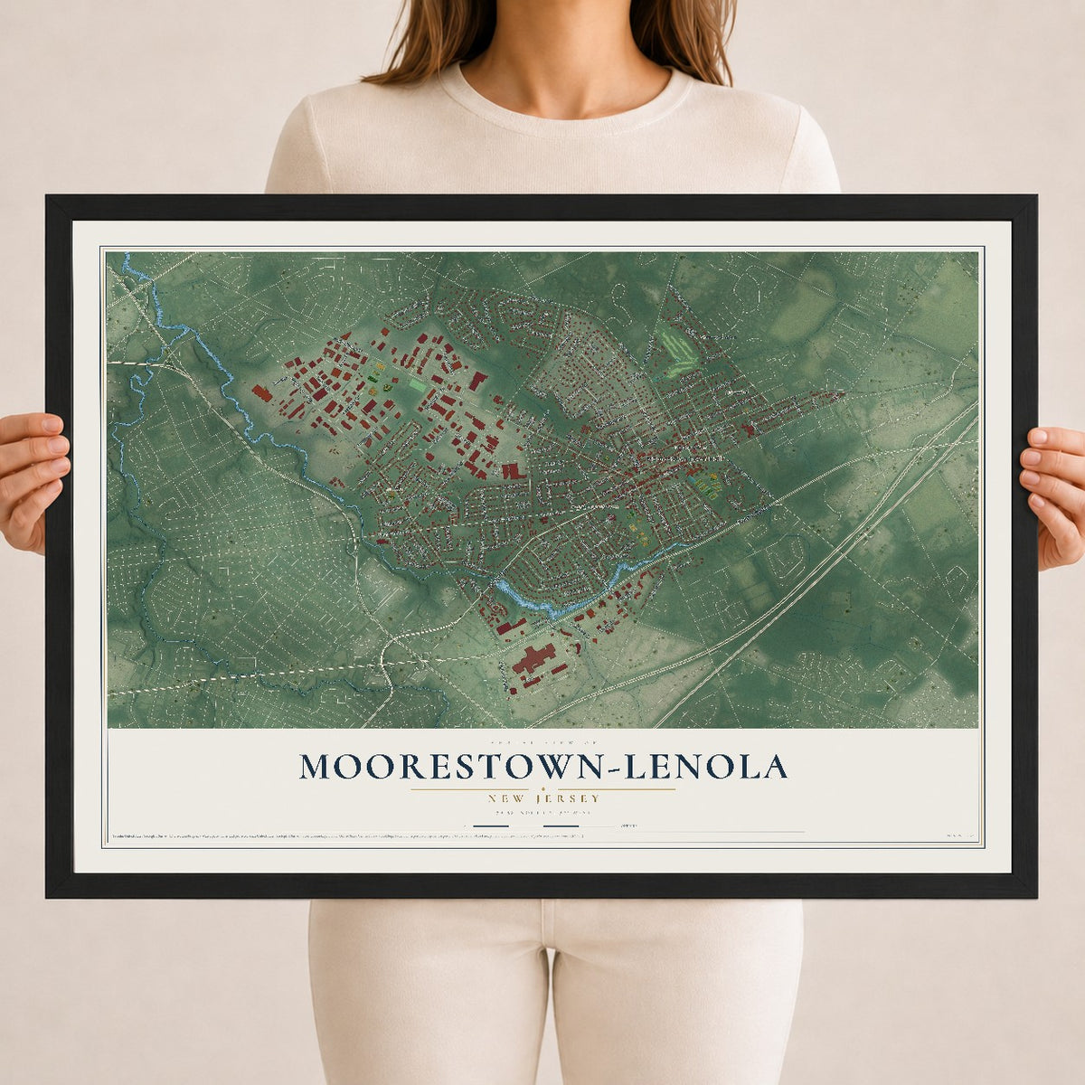 Moorestown-Lenola, New Jersey map print, 18" x 24" W/ Black Ayous Wood Frame mockup