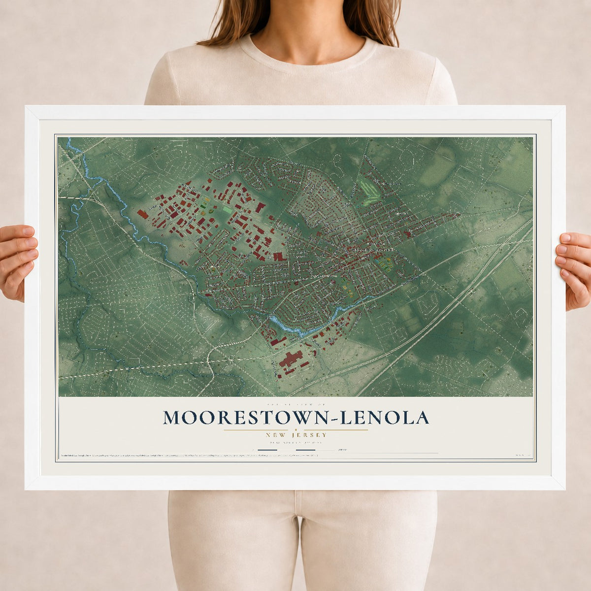 Moorestown-Lenola, New Jersey map print, 18" x 24" W/ White Ayous Wood Frame mockup