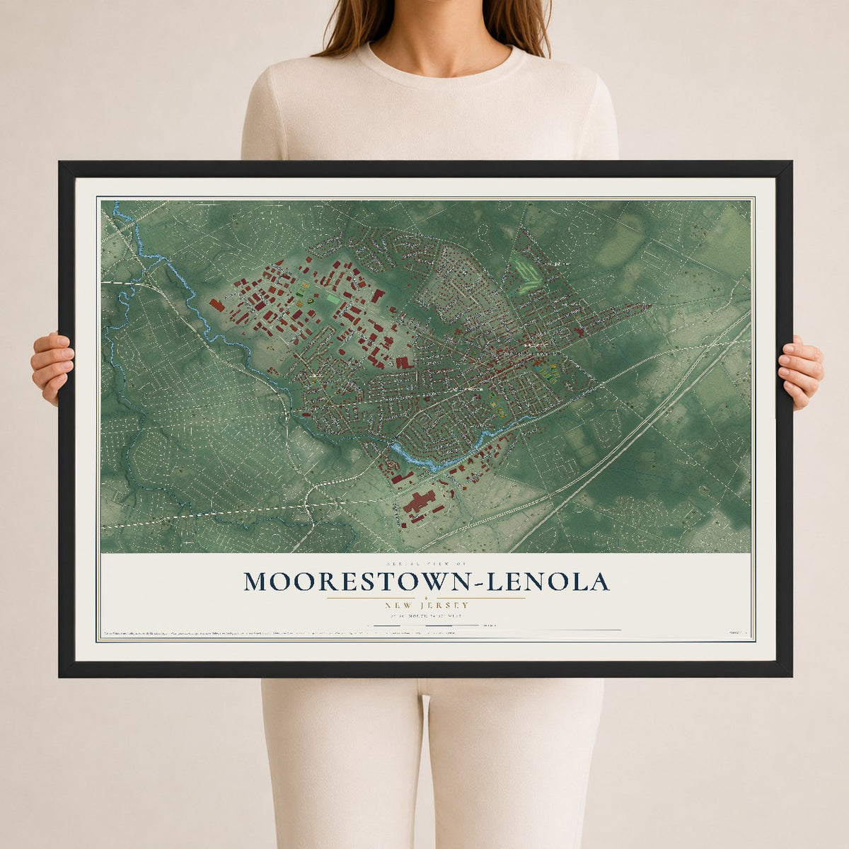 Moorestown-Lenola, New Jersey map print, 24" x 36" W/ Black Ayous Wood Frame mockup