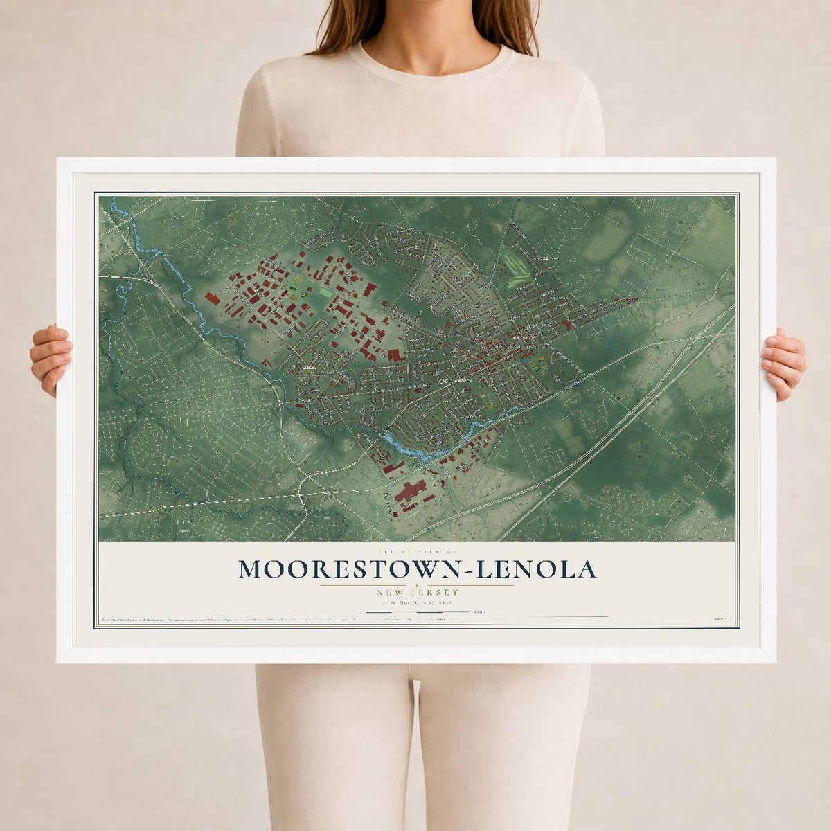 Moorestown-Lenola, New Jersey map print, 24" x 36" W/ White Ayous Wood Frame mockup