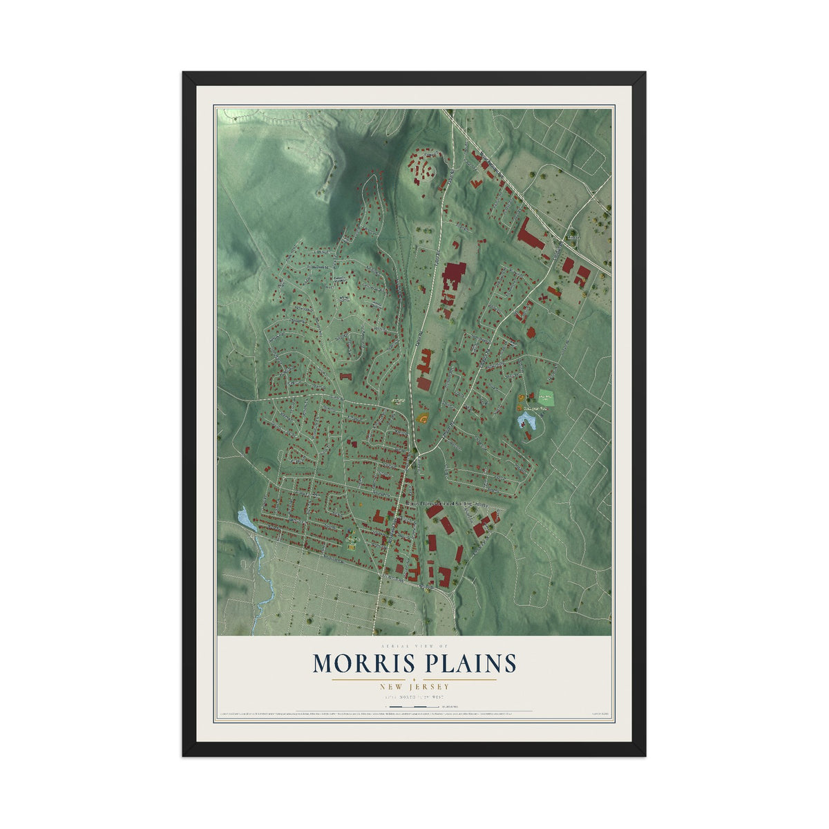 Morris Plains, New Jersey map print, 12" x 18" W/ Black Ayous Wood Frame mockup