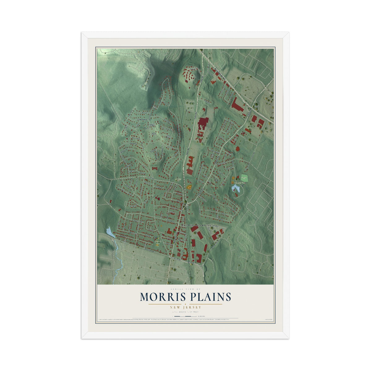 Morris Plains, New Jersey map print, 12" x 18" W/ White Ayous Wood Frame mockup