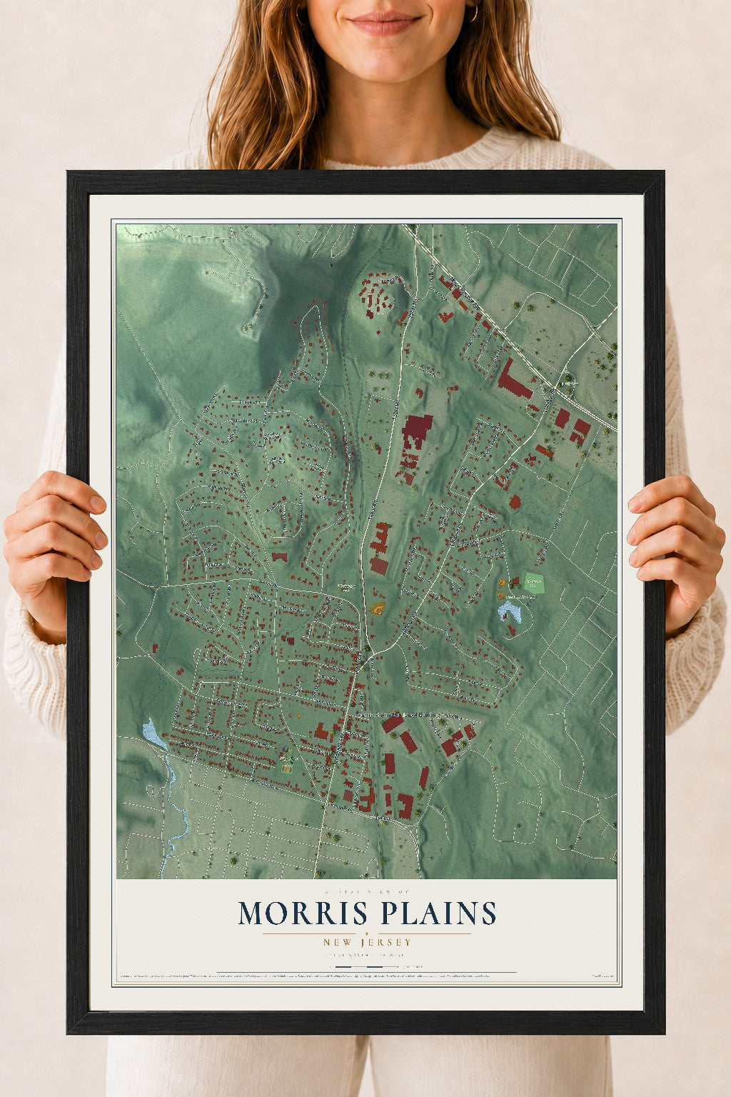 Morris Plains, New Jersey map print, 18" x 24" W/ Black Ayous Wood Frame mockup