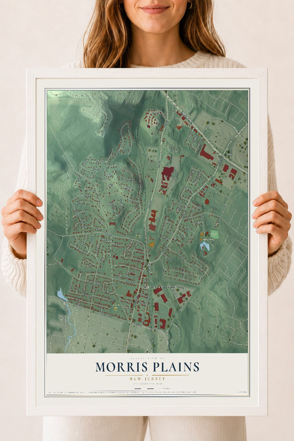Morris Plains, New Jersey map print, 18" x 24" W/ White Ayous Wood Frame mockup