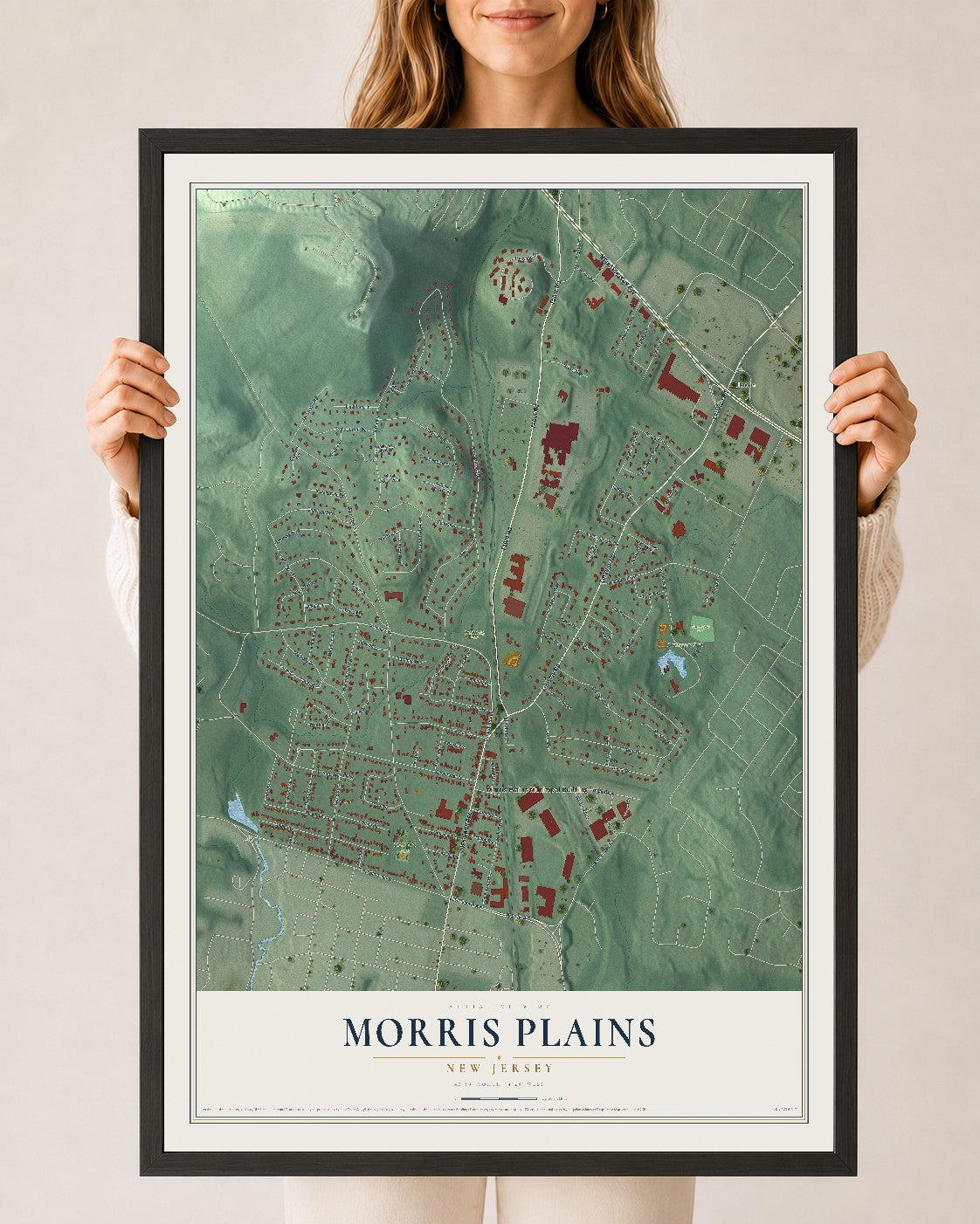 Morris Plains, New Jersey map print, 24" x 36" W/ Black Ayous Wood Frame mockup