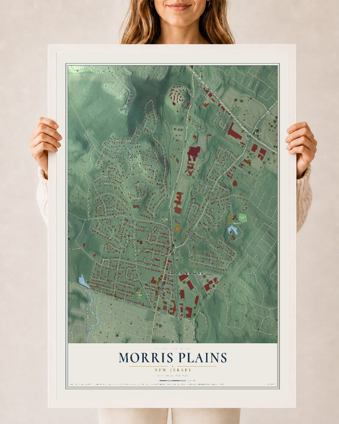 Morris Plains, New Jersey map print, 24" x 36" W/ White Ayous Wood Frame mockup