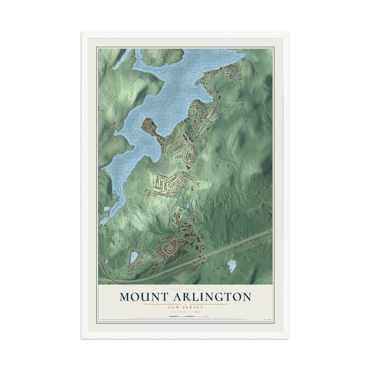 Mount Arlington, New Jersey map print, 12" x 18" W/ White Ayous Wood Frame mockup