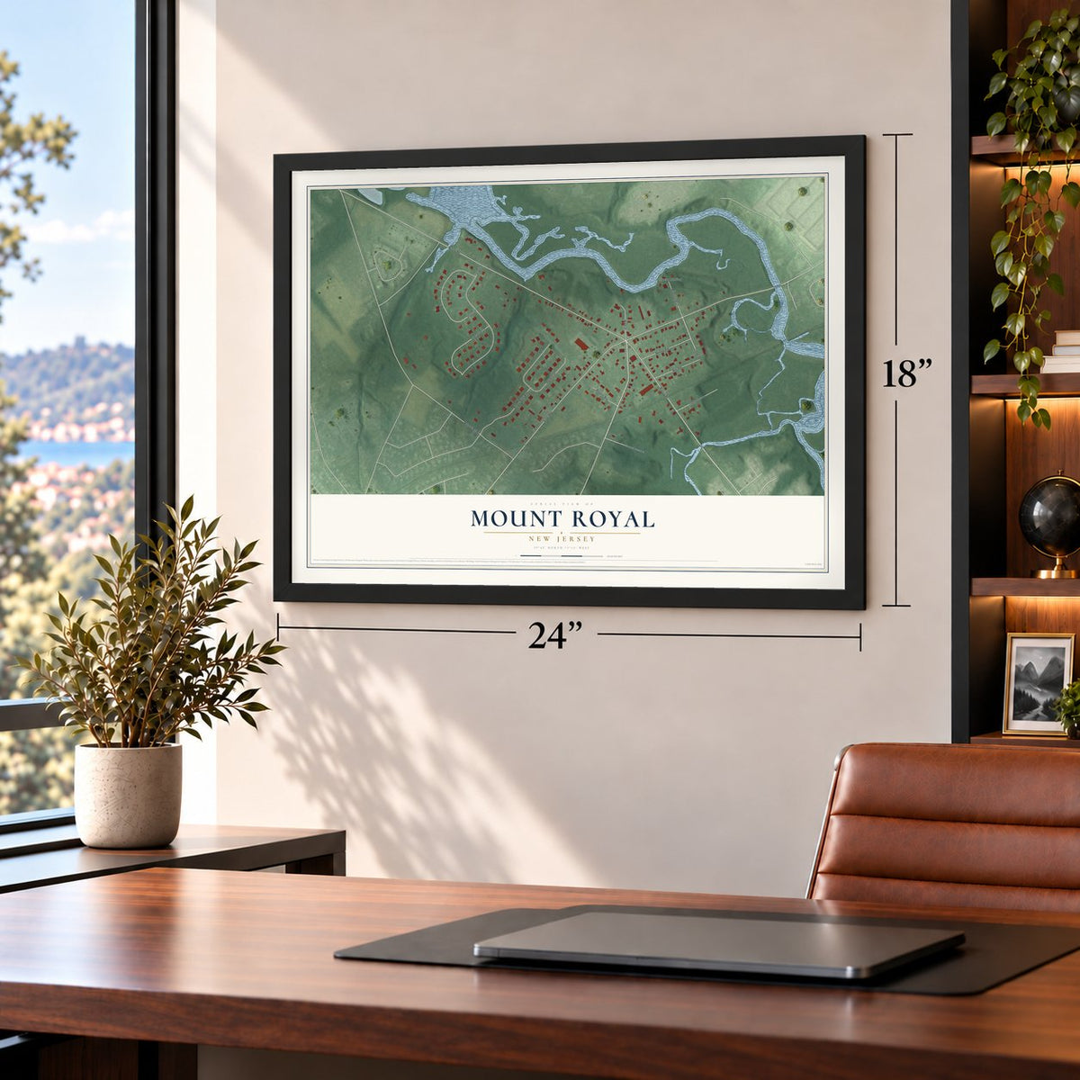 Mount Royal, New Jersey map, 18 x 24 inch print in a black frame in a home office