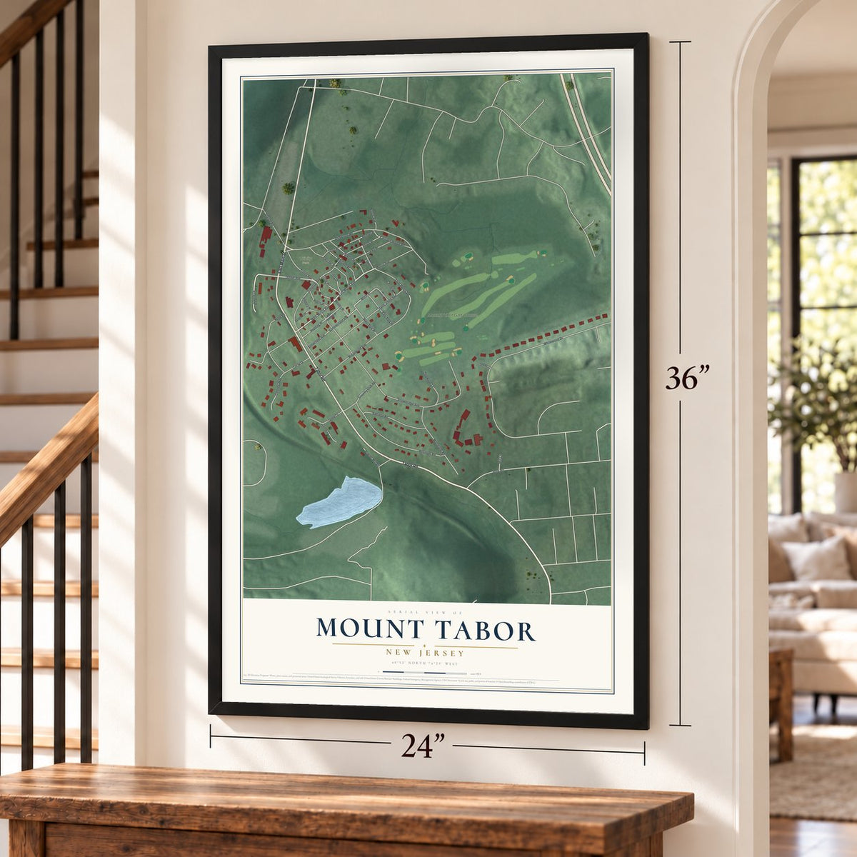 Mount Tabor, New Jersey map, 24 x 36 inch print in a black frame by a staircase