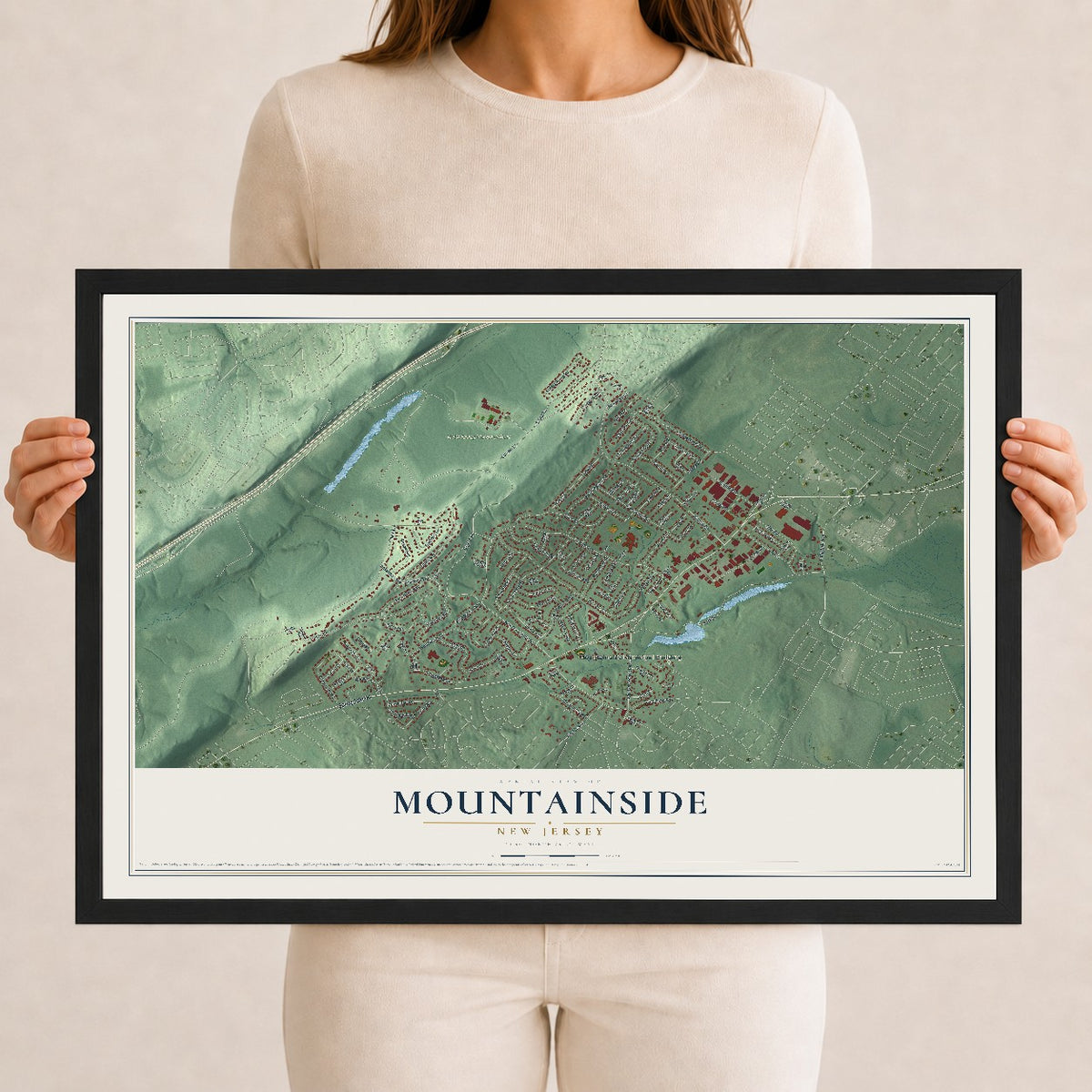 Mountainside, New Jersey map print, 12" x 18" W/ Black Ayous Wood Frame mockup