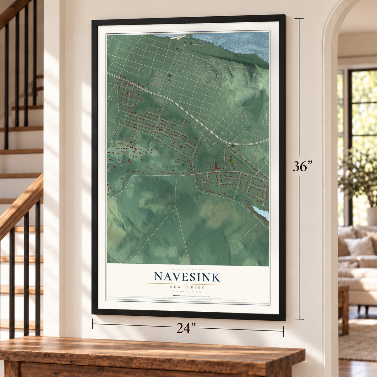 Navesink, New Jersey map, 24 x 36 inch print in a black frame by a staircase