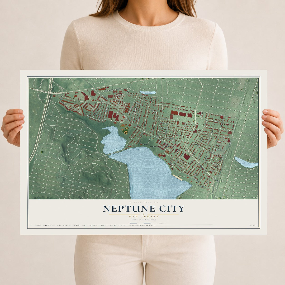 Map of Neptune City, New Jersey, 12 x 18 inch unframed archival matte print