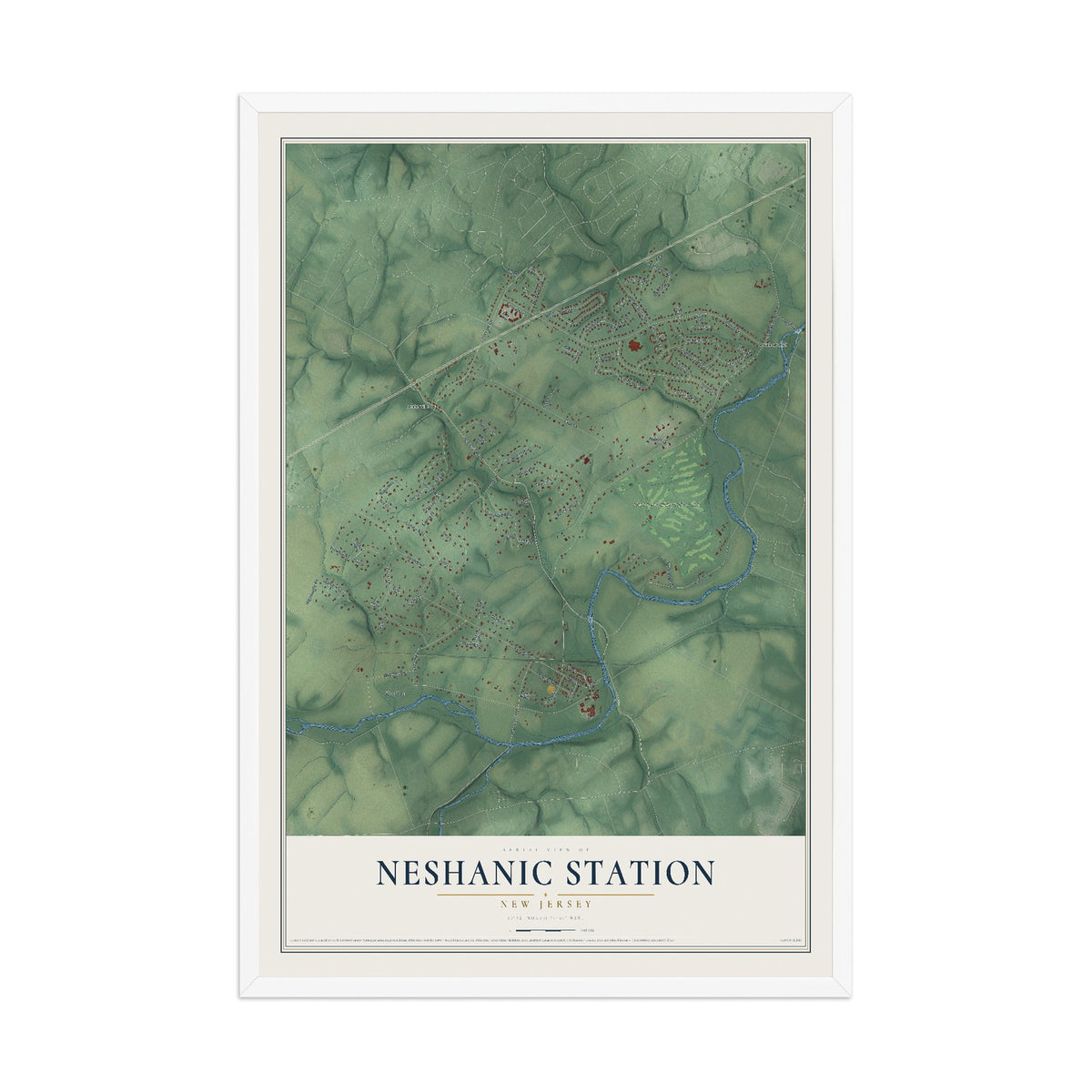 Neshanic Station, New Jersey map print, 12" x 18" W/ White Ayous Wood Frame mockup