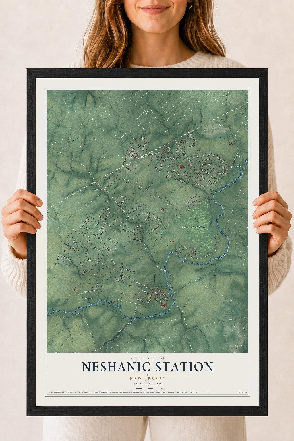 Neshanic Station, New Jersey map print, 18" x 24" W/ Black Ayous Wood Frame mockup