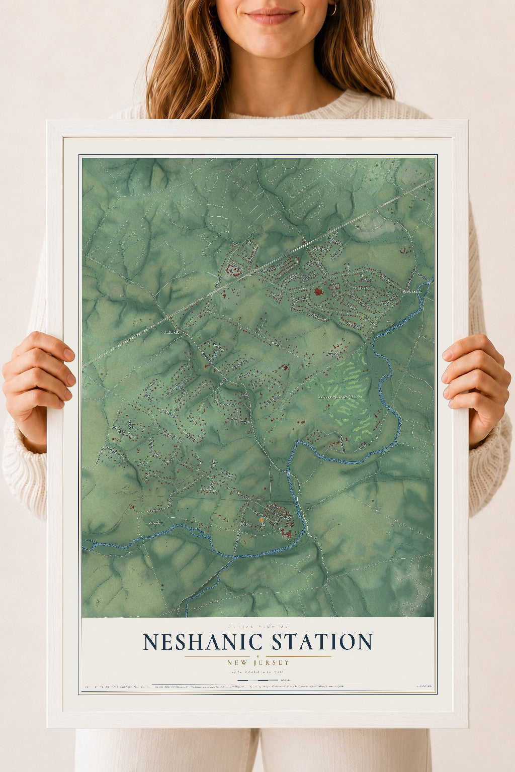 Neshanic Station, New Jersey map print, 18" x 24" W/ White Ayous Wood Frame mockup