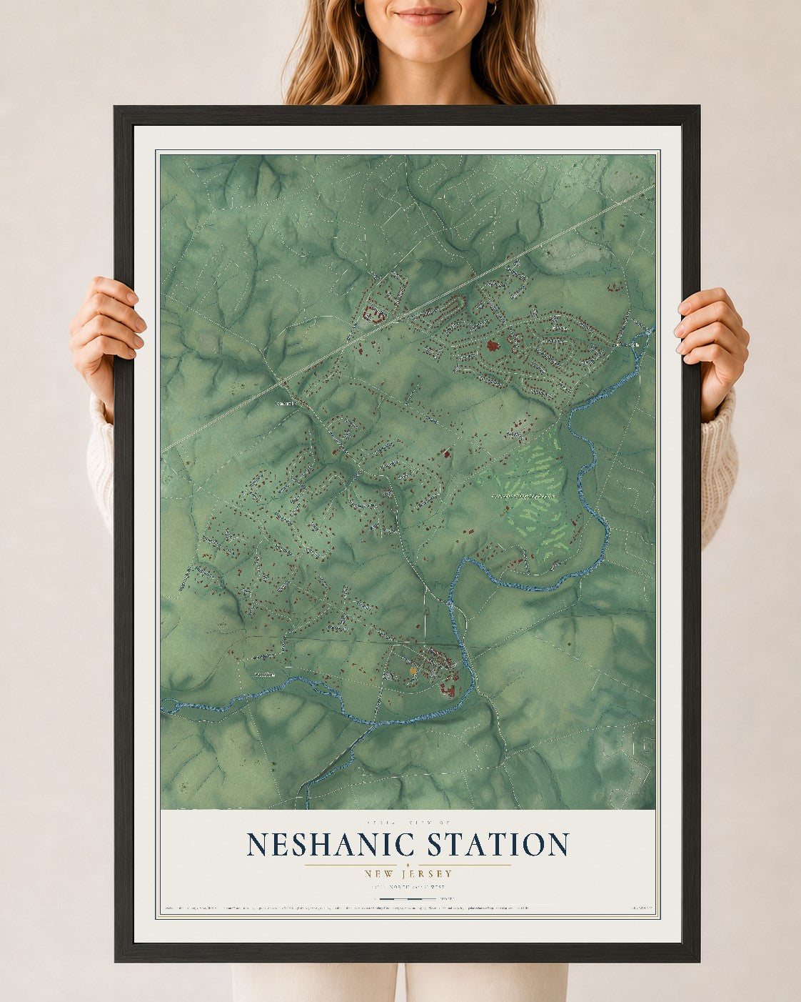 Neshanic Station, New Jersey map print, 24" x 36" W/ Black Ayous Wood Frame mockup