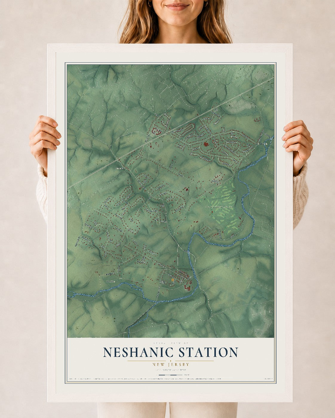 Neshanic Station, New Jersey map print, 24" x 36" W/ White Ayous Wood Frame mockup