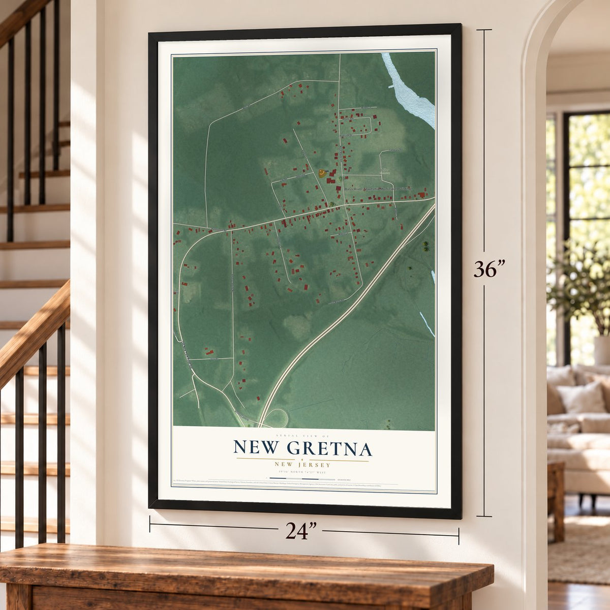 New Gretna, New Jersey map, 24 x 36 inch print in a black frame by a staircase