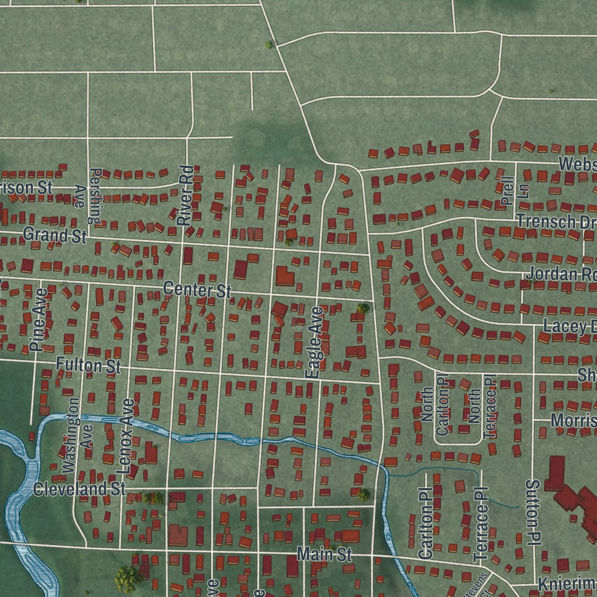 Second close-up of the map of New Milford, New Jersey print showing more streets and buildings