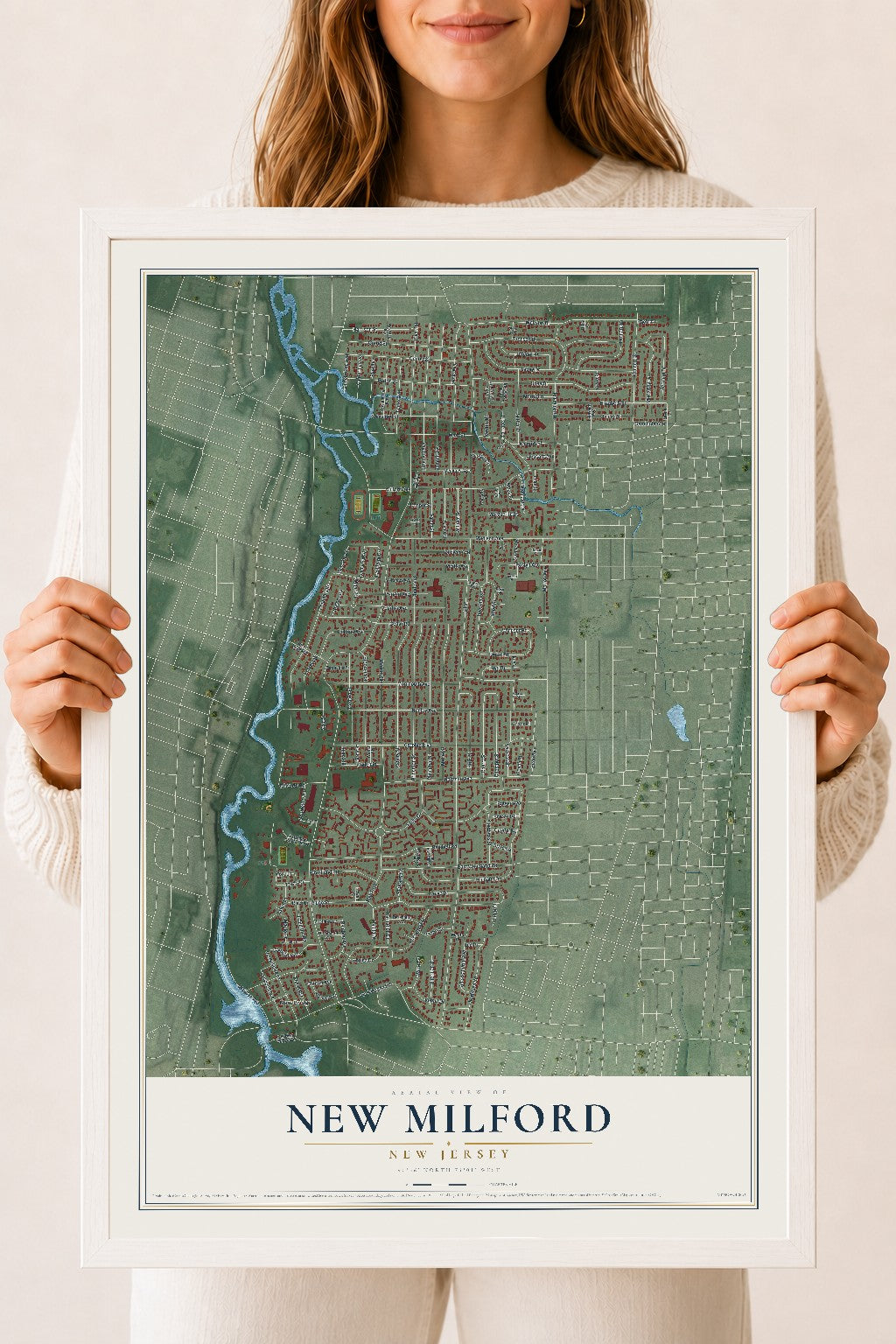 Map of New Milford, New Jersey, 18 x 24 inch print in a white wood frame