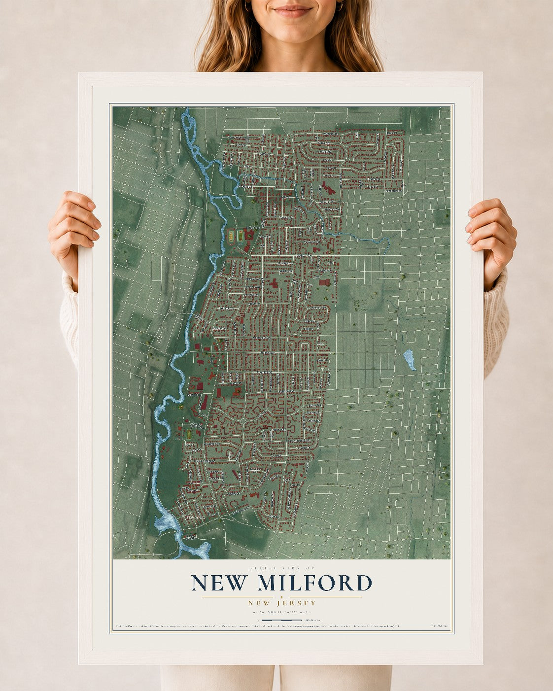 Map of New Milford, New Jersey, 24 x 36 inch print in a white wood frame