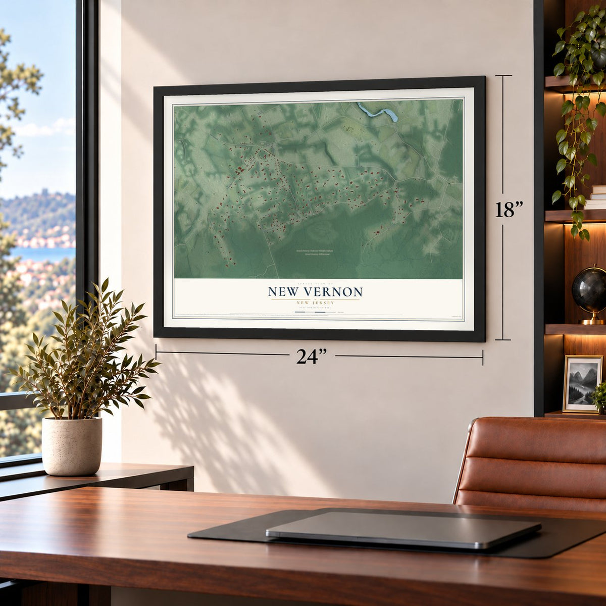 New Vernon, New Jersey map, 18 x 24 inch print in a black frame in a home office