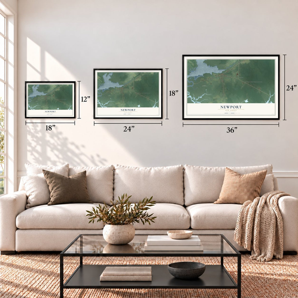 Newport, New Jersey map in 12 x 18, 18 x 24 and 24 x 36 inch sizes above a sofa