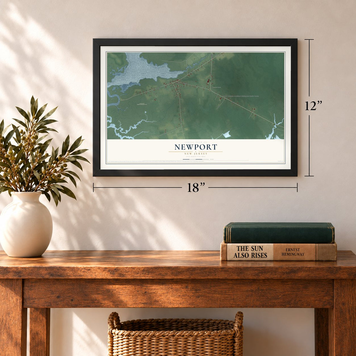 Newport, New Jersey map, 12 x 18 inch print in a black frame in an entryway