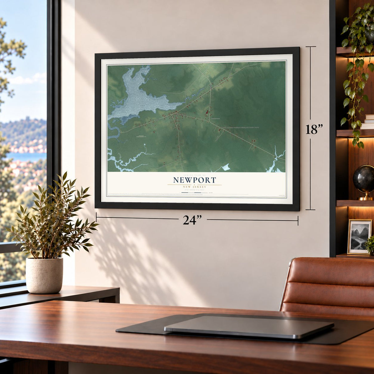 Newport, New Jersey map, 18 x 24 inch print in a black frame in a home office
