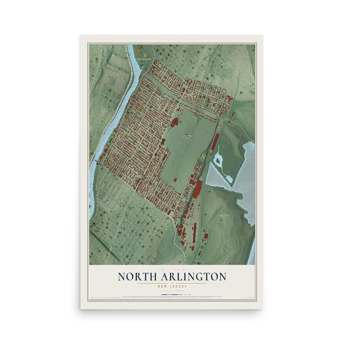 Map of North Arlington, New Jersey, 12 x 18 inch unframed archival matte print