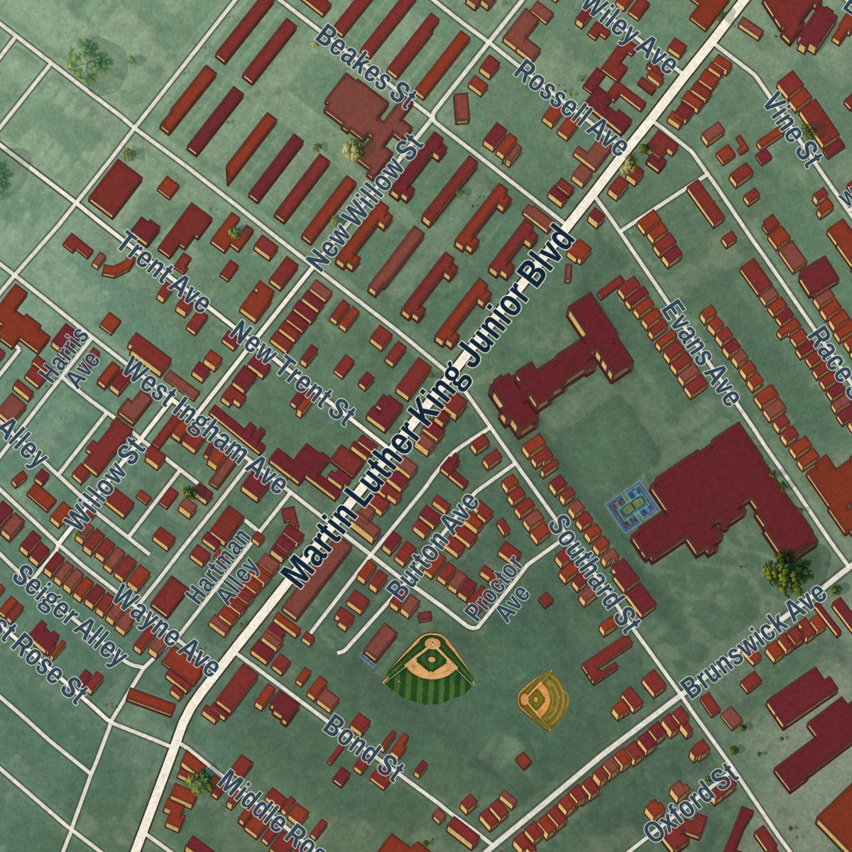Close-up of the map of North Trenton, New Jersey print showing street and building detail
