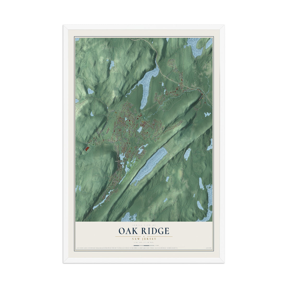 Oak Ridge, New Jersey map print, 12" x 18" W/ White Ayous Wood Frame mockup