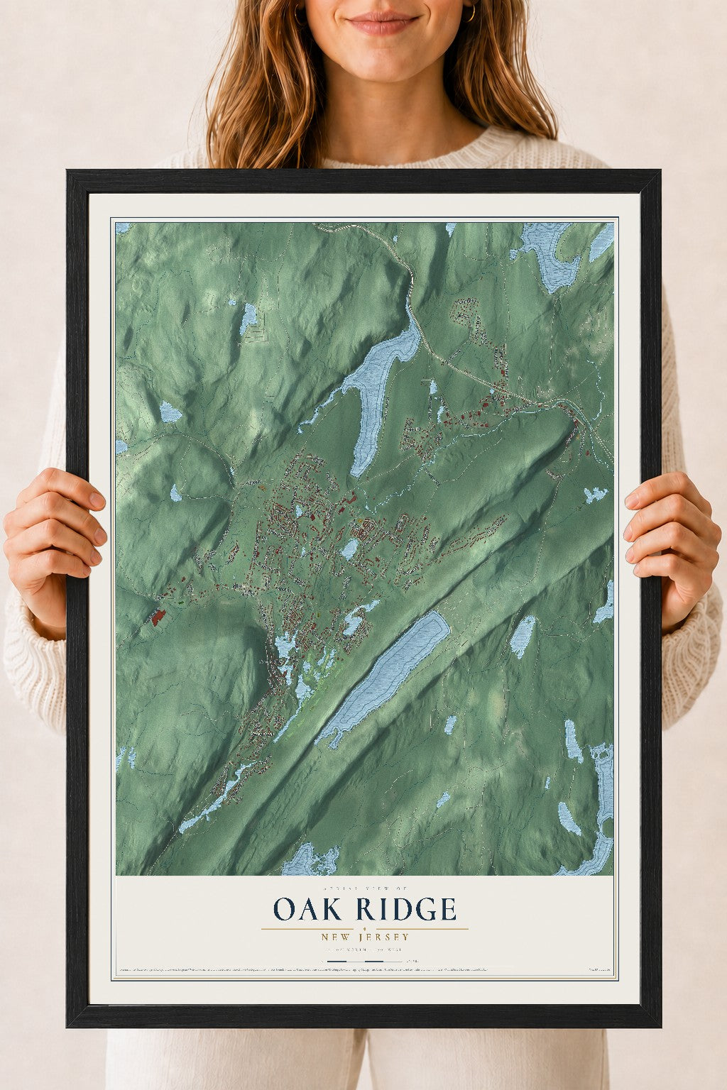 Oak Ridge, New Jersey map print, 18" x 24" W/ Black Ayous Wood Frame mockup