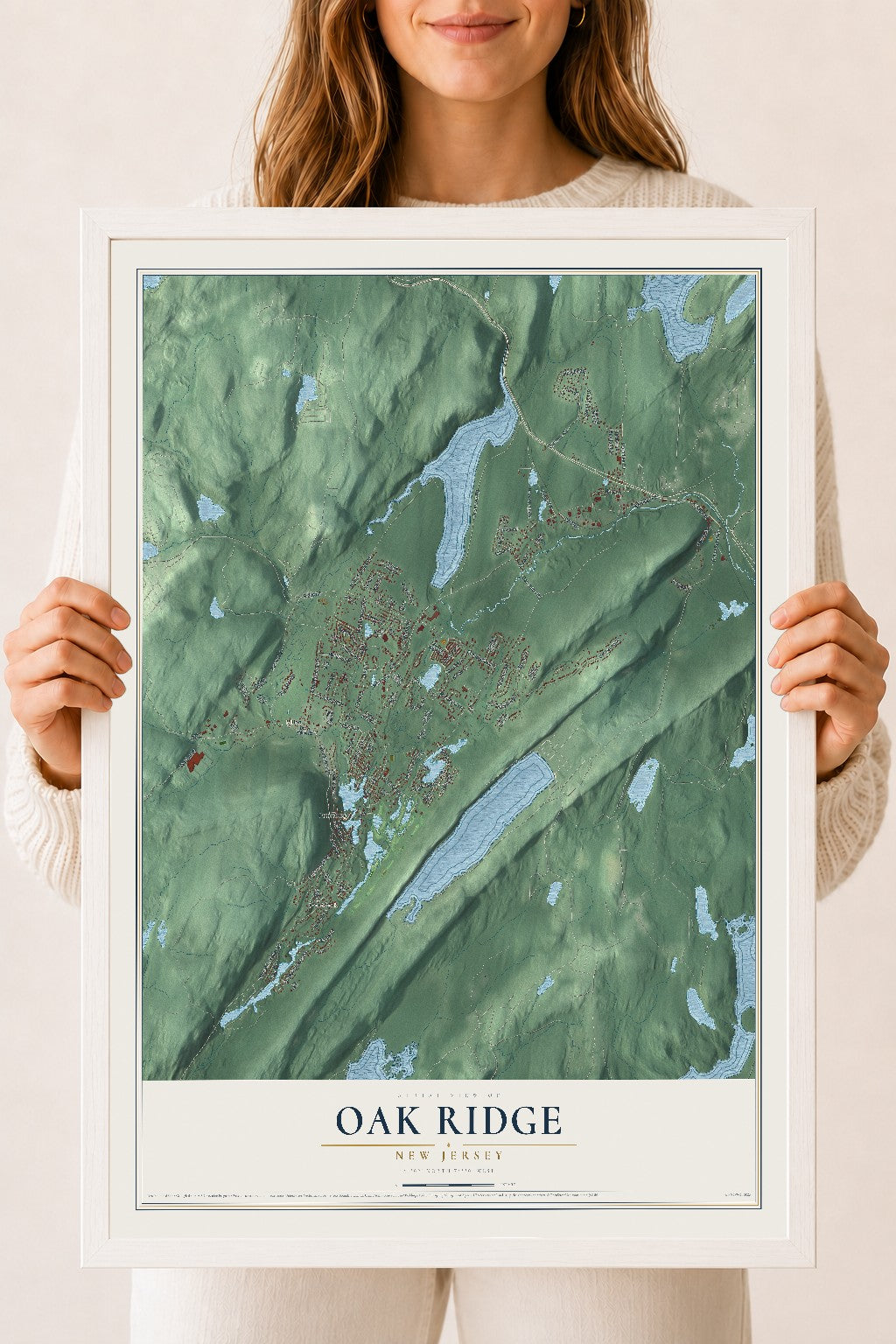 Oak Ridge, New Jersey map print, 18" x 24" W/ White Ayous Wood Frame mockup